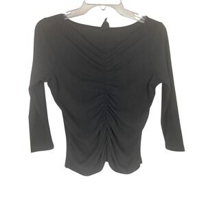 W5 Black Ribbed Ruched V-Neck 3/4 Sleeve Top Size L